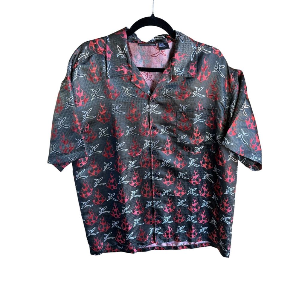 ODO Shirt Mens LARGE Black Satin Red Flame AOP Button Up Club Party Rare Y2K